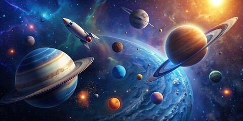 Wall Mural - Dark blue sky with planets and rocket ships, no people present , space, astronomy, spacecraft, exploration, galaxy, universe, futuristic, celestial, science fiction, technology, stars