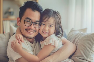 Wall Mural - At home, an Asian father and daughter kiss and play together in the living room.