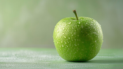 A single green apple with water droplets on a green background.