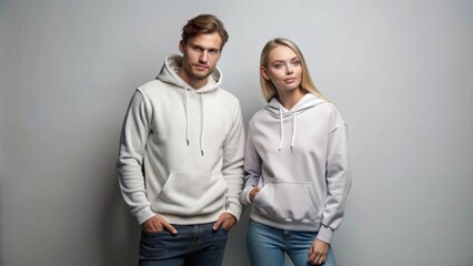 Wall Mural - Fashion couple wearing plain hoodie mockup in an illustrated portrait, fashion, couple, hoodie, mockup,portrait, casual