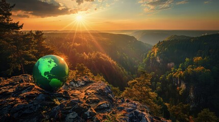 A green globe on a rocky outcrop overlooking a forest valley, the setting sun behind it creating a silhouette and a vibrant backlight.