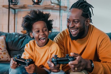 At home, a young father and son play video games together