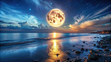 Full moon illuminating the sea at night, creating a mesmerizing landscape for live wallpaper , moon, sea, night, ocean, sky, stars, reflection, tranquil, serene, peaceful, scenic, nature