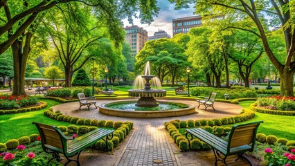 Wall Mural - A serene park in the heart of the city, featuring lush greenery, benches, and a central fountain , urban, downtown, recreation, peaceful, nature, trees, benches, fountain, city center