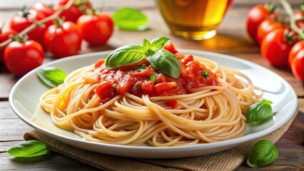 Spaghetti with tomato sauce and basil on a white plate , Italian cuisine, pasta, meal, food styling, vegetarian, herb, garnish, red sauce, parsley, delicious, traditional, savory, homemade
