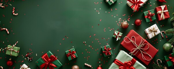 Wall Mural - Fir Branches And Christmas Ornaments On Green - Gift Boxes With Red Ribbon And Bokeh Lights