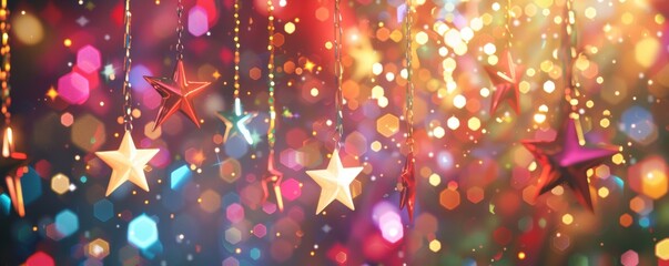 Wall Mural - Christmas Stars With Golden Lights On Blue Background - Abstract Defocused Bokeh