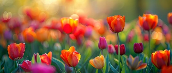 Wall Mural - Field of tulips, vibrant spring flowers, cheerful colors, natural beauty, copy space