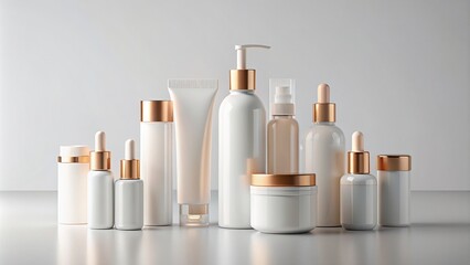 Wall Mural - Minimalist skincare product bottles in a clean, elegant lineup for custom branding , skincare, beauty, minimalist, empty, blank labels, branding, cosmetics, skincare routine, simplicity