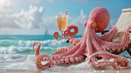 Wall Mural - A cute pink octopus with a tropical cocktail is relaxing on a sun lounger on the beach. The concept of a vacation at sea.