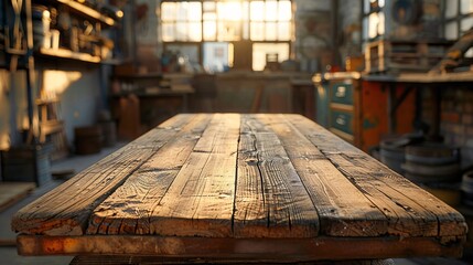 Wall Mural - A vintage-style photo of a well-used wooden table and workshop interior, with both sunlight and shadows.