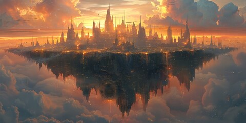 Wall Mural - A futuristic city is floating high in the clouds during sunset