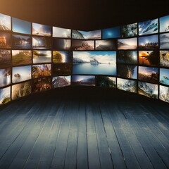 Wall Mural - Smart TV and digital media wall of screens background with copy space