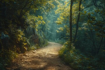 Wall Mural - The sunlight filters through the trees along a woodland path