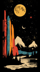 Wall Mural - Mountains, lake and forest in the night. Vector illustration.