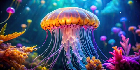 Canvas Print - A mesmerizing jellyfish floating gracefully in a vibrant aquarium , underwater, marine life, ocean, sea creature, translucent, graceful, swimming, elegant, fluid, peaceful, beauty, tentacles