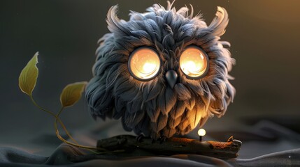 Wall Mural - A night lamp designed as a fluffy baby owl with soft gray feathers and large, glowing eyes that serve as the light source. The lamp base resembles a small tree branch.