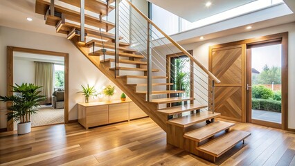 Wall Mural - Modern natural ash tree wooden stairs in new house interior, stairs, wood, ash tree, modern, natural, house, interior, design, home, architecture, minimalist, contemporary, clean, aesthetic