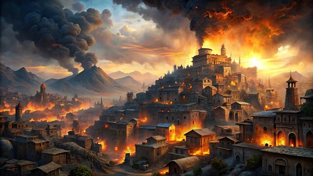 desolate ancient town engulfed in flames with smoke-filled skies at dusk , destruction, burning, rui