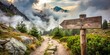 © Woonsen - Rustic wooden trail sign at misty mountain pass , hiking, trail, arrow, wooden, sign, misty, mountain, pass, rustic, nature, outdoors, direction, guide, forest, wilderness, journey