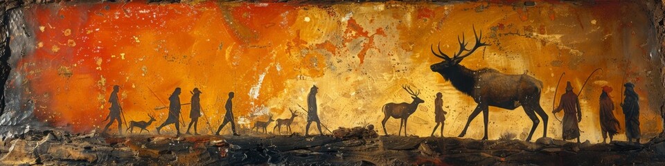 Wall Mural - Painting of people and deer in nature with trees, grass, and fawn