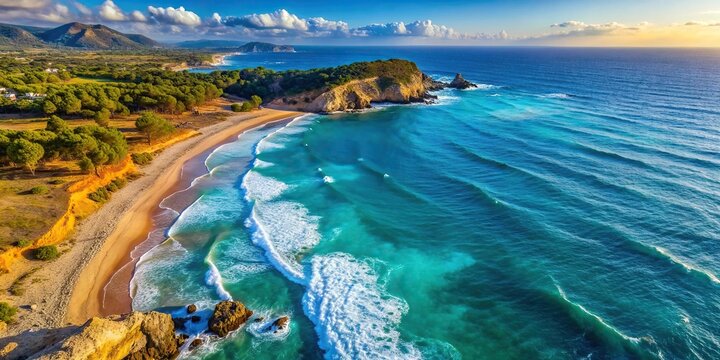 Peaceful aerial view of a wide beach landscape in the Mediterranean, with crashing waves, stunning blue ocean, and a tranquil coastline , beach, summer, vacation, aerial, seascape, ocean