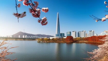 Wall Mural - Stunning vista of downtown Seoul featuring a modern skyscraper by the lake against a clear blue sky. Seoul, a prominent tourist destination in Asia.