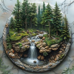 Canvas Print - A beautiful painting of a waterfall situated in a lush forest landscape