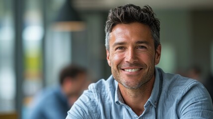 Wall Mural - Businessman with short dark hair smiles in casual headshot