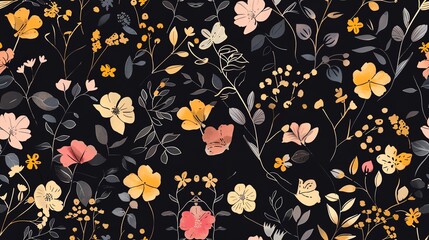 Wall Mural - Elegant seamless pattern of hand-drawn flora in pastel black, yellow, and pink shades