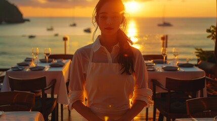 Wall Mural - Woman waiter standing in the center, taking order, elegant restaurant, sunset over the ocean. Generative AI.