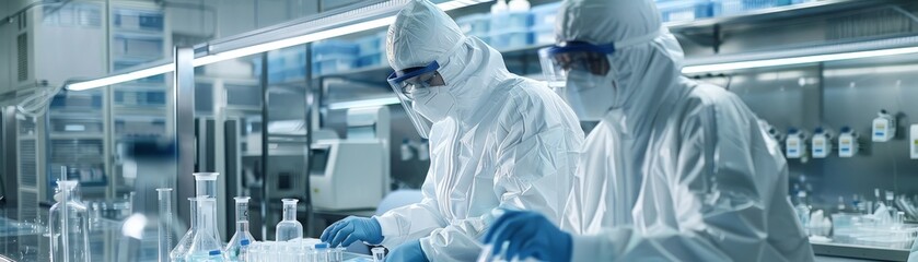 Wall Mural - Scientists in Protective Gear Conducting Experiments in a Modern Laboratory with Advanced Equipment and Glassware