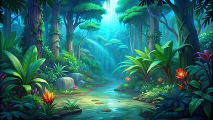 A vibrant tropical rainforest with a diverse array of unique flora and fauna , biodiversity, nature, wildlife, plants, animals, jungle, ecosystem, environment, habitat, rainforest