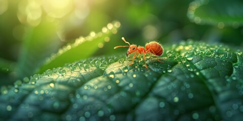 Wall Mural - An ant is sitting on a green leaf with water drops on it in a natural landscape