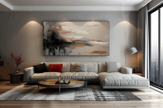 Minimalist Living Room with Wall Art, Living room with a single piece of abstract wall art and minimalist furniture