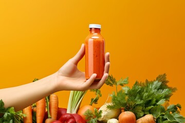 Wall Mural - Woman's hand holding a carrot against a backdrop of carrot juice bottles and fresh produce