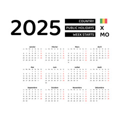 Wall Mural - Mali Calendar 2025. Week starts from Monday. Vector graphic design. French language.