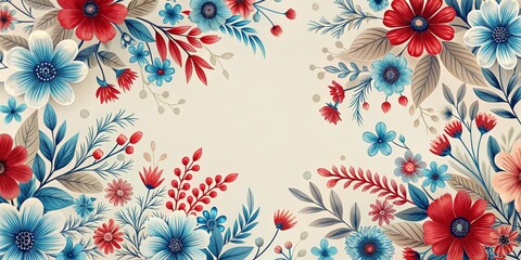Wall Mural - Abstract floral pattern with blooming red and blue flowers on a light background, floral, abstract, pattern, design, red