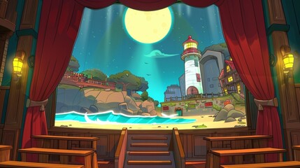 Poster - There's a stage with red curtains, a decoration beacon, sea waves and a moon with clouds. The interior of a theater, concert hall, opera house, drama hall shows a painted wooden set, velvet curtains,