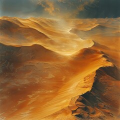 Wall Mural - The artwork depicts a desert landscape with towering mountains in the distance
