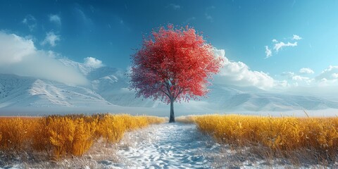 Canvas Print - Tree with red leaves in snowy field under sky creates beautiful landscape