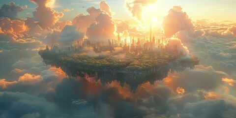 Wall Mural - An aerial view of a floating city in the clouds during sunset