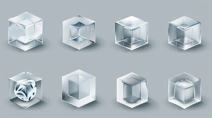 Wall Mural - A clear glass or plastic cube in different angles, a crystal block, a podium for an aquarium or exhibit, a glossy geometric object isolated on a transparent background—a realistic 3D modern