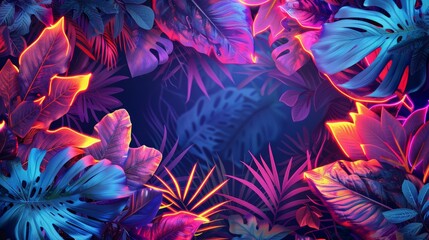 Wall Mural - A vibrant and botanical-themed frame made of neon lights, perfect for adding a touch of nature to any digital design.