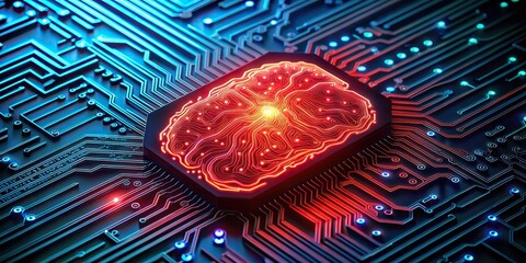 Wall Mural - Red-glowing brain circuit on microchip for hardware with dark tech background , AI, hardware, technology, circuit, microchip, big data, processing, machine learning, trading, red glow