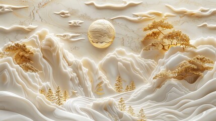 Wall Mural - Bonsai, mountains, sunset, and stucco molding in Japanese style.