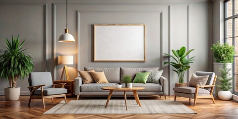 Poster - Stylish living room interior with mockup frame poster, showcasing modern design elements and decor, modern, interior, living room, design, stylish, mockup, frame, poster, interior design