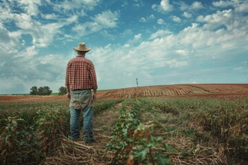 Wall Mural - A man wearing a cowboy hat stands in a grassy field under the sky