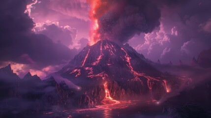 Volcano eruption, fantasy landscape, nightscape with volcano and burning lava. Illustration in 3D.