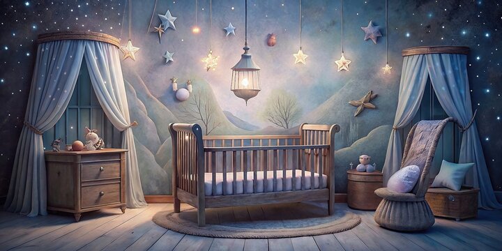 Rustic nursery with wooden crib, pastel textiles, and animal wall art , rustic, nursery, wooden crib, pastel, textiles, whimsical, animal, wall art, peaceful, charming, environment, baby, child